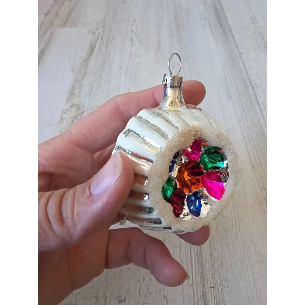 Vintage Czech flocked indent colorful white ornament Xmas‎ tree